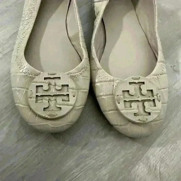 Tory Burch Reva Ballet Flats Cream Croc Embossed Leather Size 5M - Picture 8 of 9